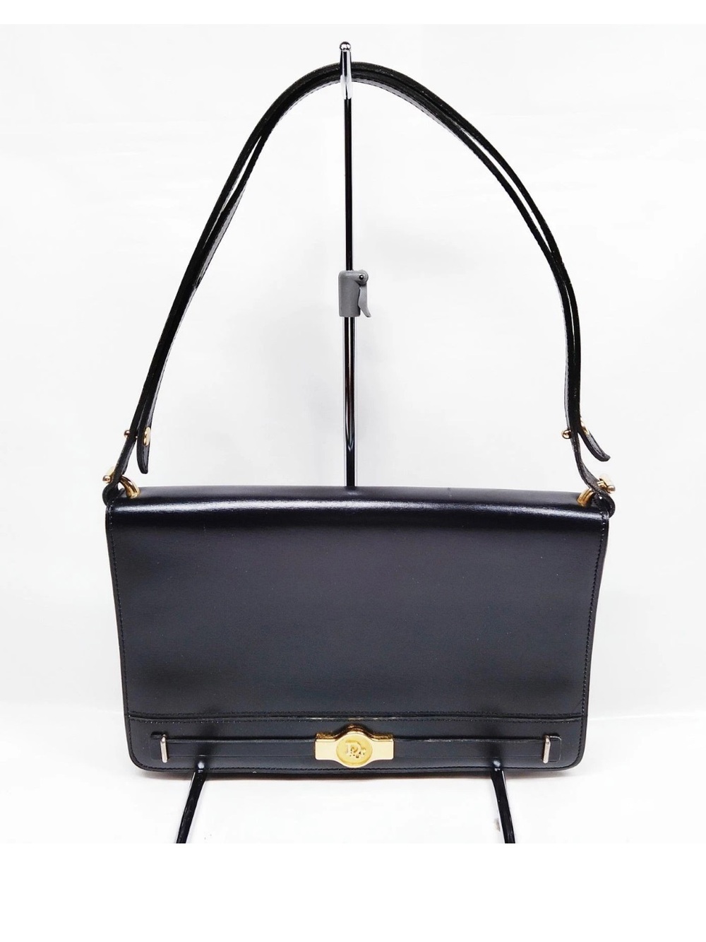 Vintage Christian Dior Black Leather Shoulder Bag Gold Made in France